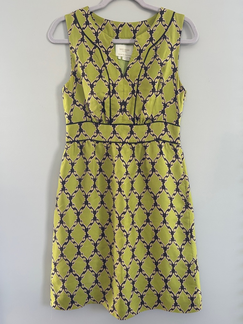 kate spade Lime Green and Navy Patterned Sleeveless Midi Dress 100% Silk